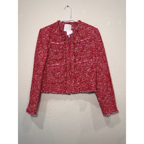 MNG Mango Womens Red White Zip Up Tweed Jacket Raw Fringe Trim Size L - Picture 2 of 11